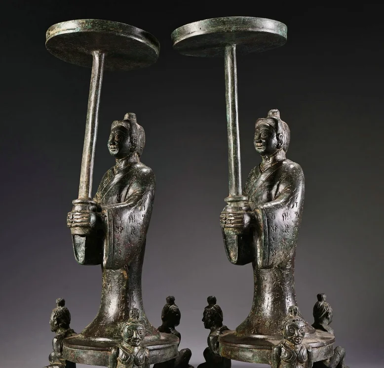 13.6" Old China Bronze Ware Dynasty Changxin Palace Lantern People Feet Pair