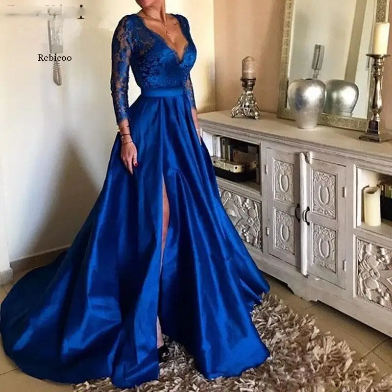 Panna młoda sukienka na studniówkę V Neck Royal Blue z długimi rękawami koronkowa satynowa wieczorowa elegancka suknia koktajlowa