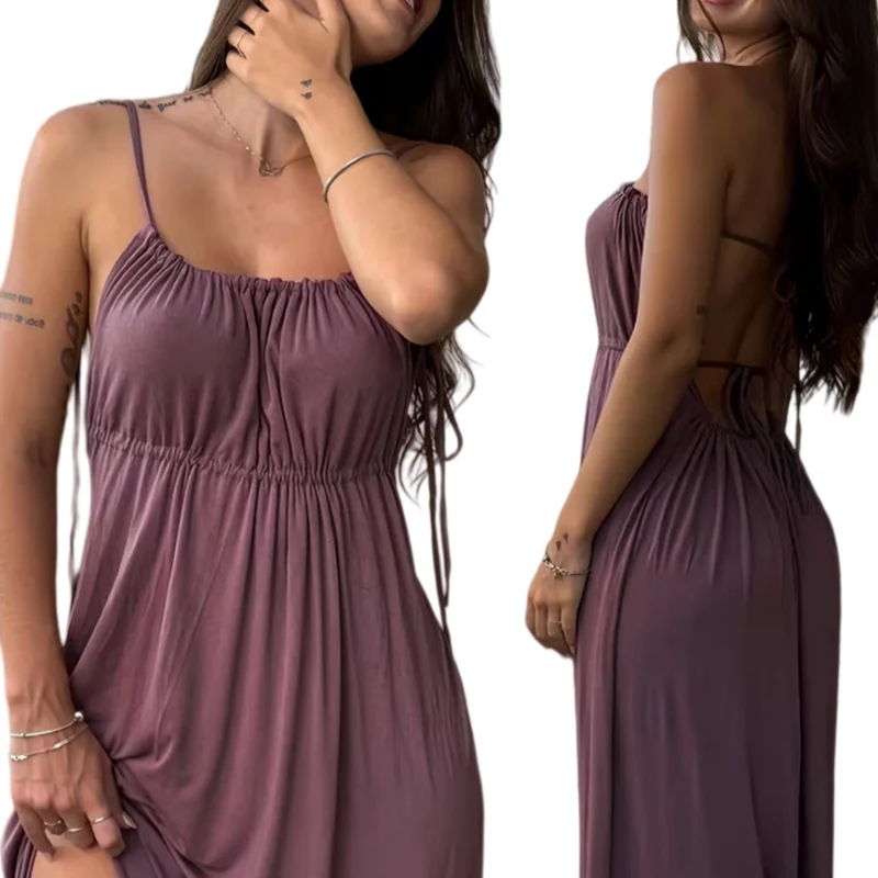 Elegant Summer Backless Dress Spaghetti Strap Sexy High Waist Drawstring Purple Party Dress Evening Sleeveless Women Long Dress
