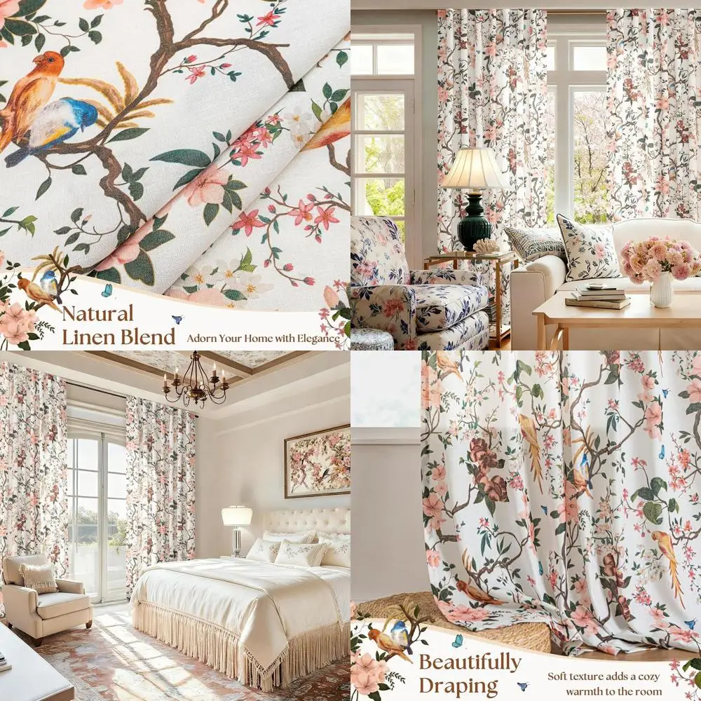 

120-дюймовые кремовые льняные шторы с цветочным принтом птиц и задними выступами, стиль бохо для гостиных и столовых комнат
