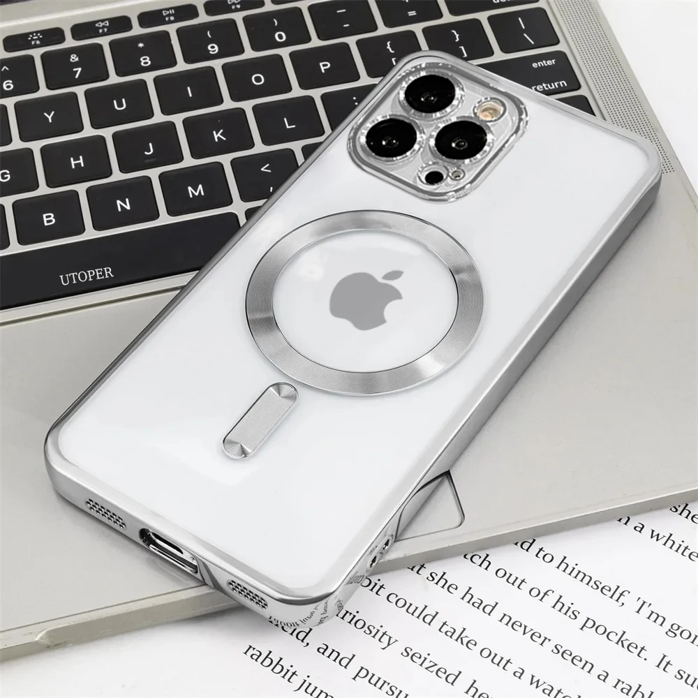 New Magsafe Clear Magnetic Case For iPhone 15 14 13 12 11 Pro Max Plus Plating Silicone Dust-Proof Net Shockproof Protect Cover