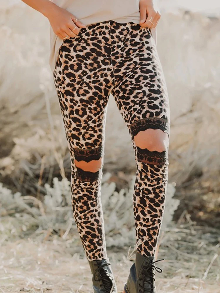 Nadruk wzór lamparta legginsy seksowne Punk podarte legginsy Streetwear Hole do ćwiczeń z wycięciami na siłownię, elastyczna, chuda, klubowa leginsy sportowe