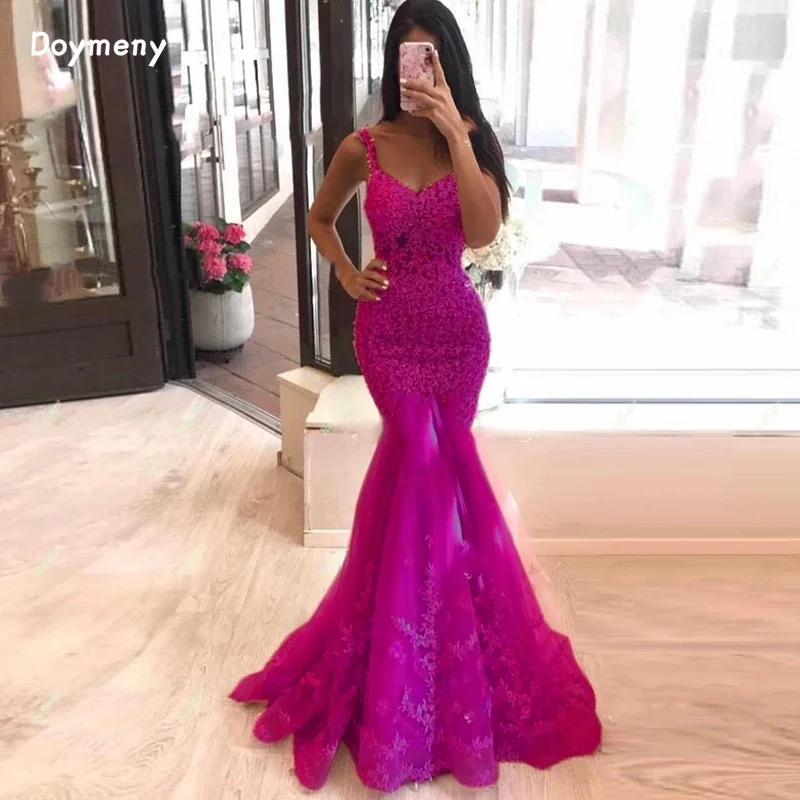 Doymeny Spaghetti Straps Mermaid Evening Dresses Beads Appliques Vestidos De Fiesta De Noche Robe De Soiree dresses for prom