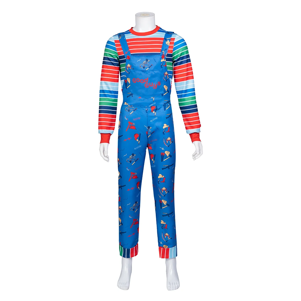 Volwassen Mannen Enge Chucky Cosplay Kostuum Horror Film Killer Pop Regenboog Gestreepte Top Broek Halloween Carnaval Outfits