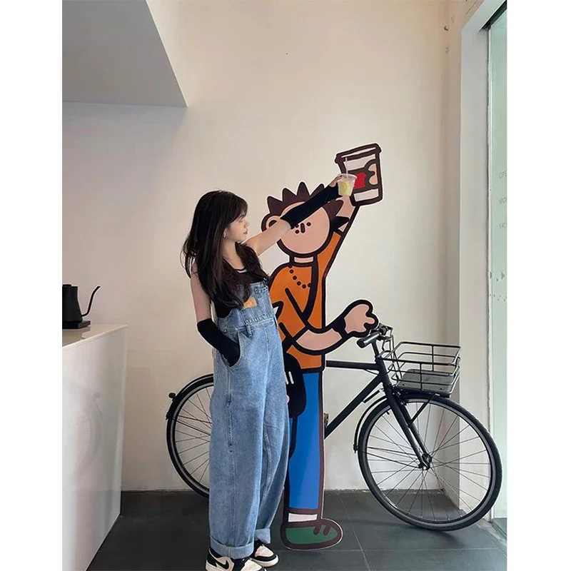 데님 점프 슈트 여성 streetwear 헐렁한 청바지 오버올 빈티지 와이드 레그 서스펜더 바지 여름 한국 캐주얼 스트레이트 바지