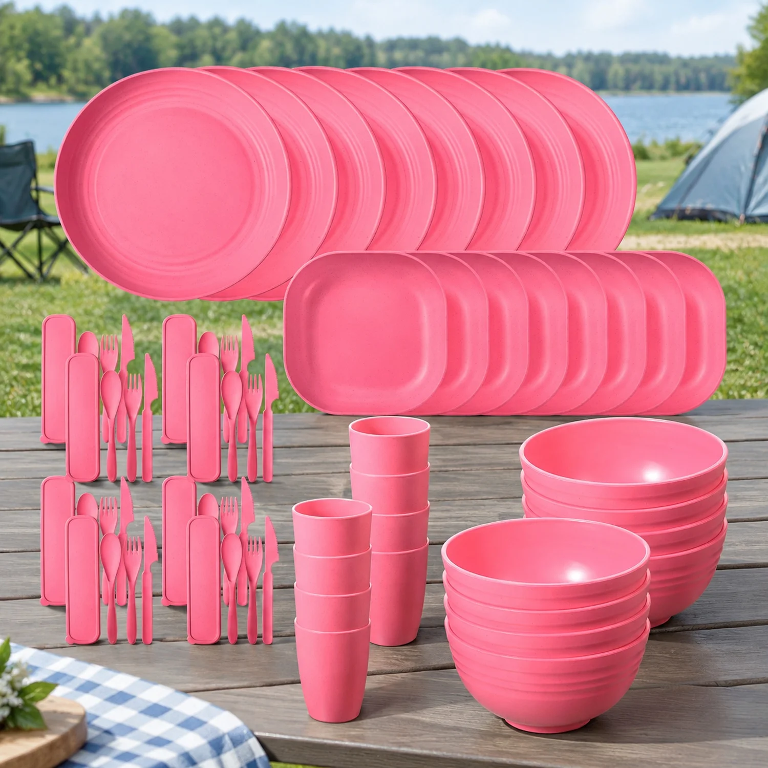 Wheat Straw Dinnerware Sets Unbreakable Plates and Bowls Microwave Safe Plastic Lightweight Knives Forks Spoons for Kitchen