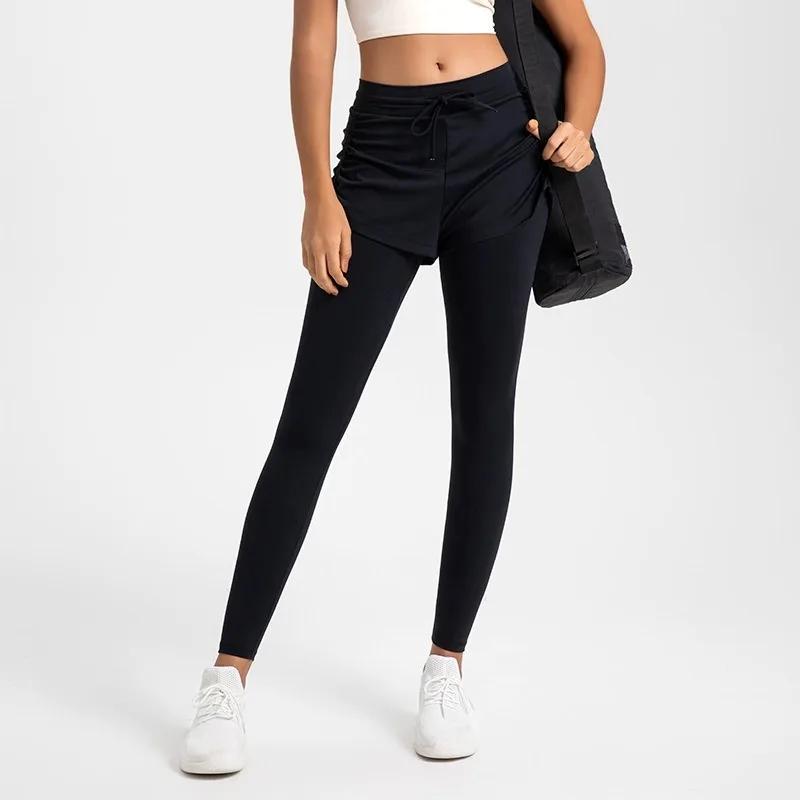 2025年秋 レディース ハイウエスト ヨガパンツ ヒップアップ フェイクツーピース レギンス スリムフィット 伸縮性 ジム ランニング トレーニング スポーツパンツ