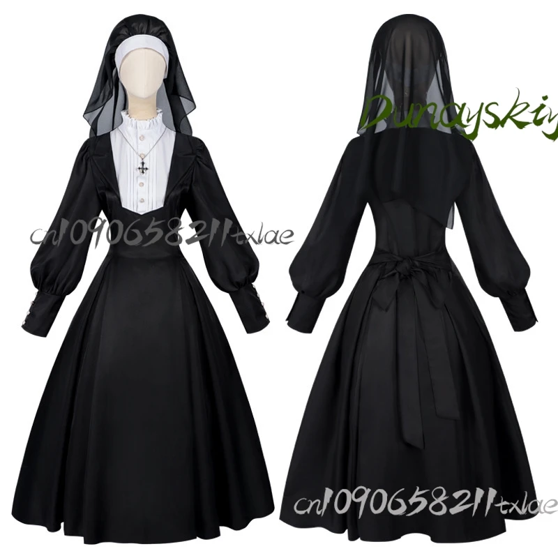 2025 Gothic Nun Dress - Triple-Festival Cosplay Set with Detachable Rosary & Glow-in-the-Dark Cross, Easter/Halloween/Christmas