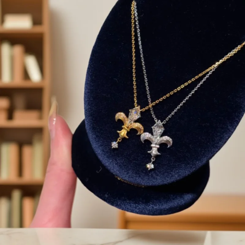 Vintage Iris Flower Arrow Pendant 925 Sterling Silver 18k Gold Plated Brushed Clavicle Necklace Women Luxury Jewelry