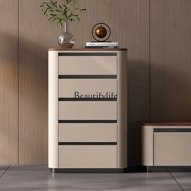 

Saddle leather chest modern simple solid wood bedside cabinet retro style