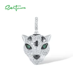 SANTUZZA 925 Sterling Silver Pendant For Women Sparkling Green Spinel White Cubic Zirconia Cute Leopard Trendy Fine Chic Jewelry