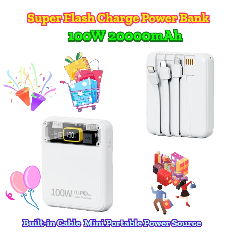 

100W Super Flash Charge Power Bank with Built-in Cable 20000mAh Mini Portable Power Source