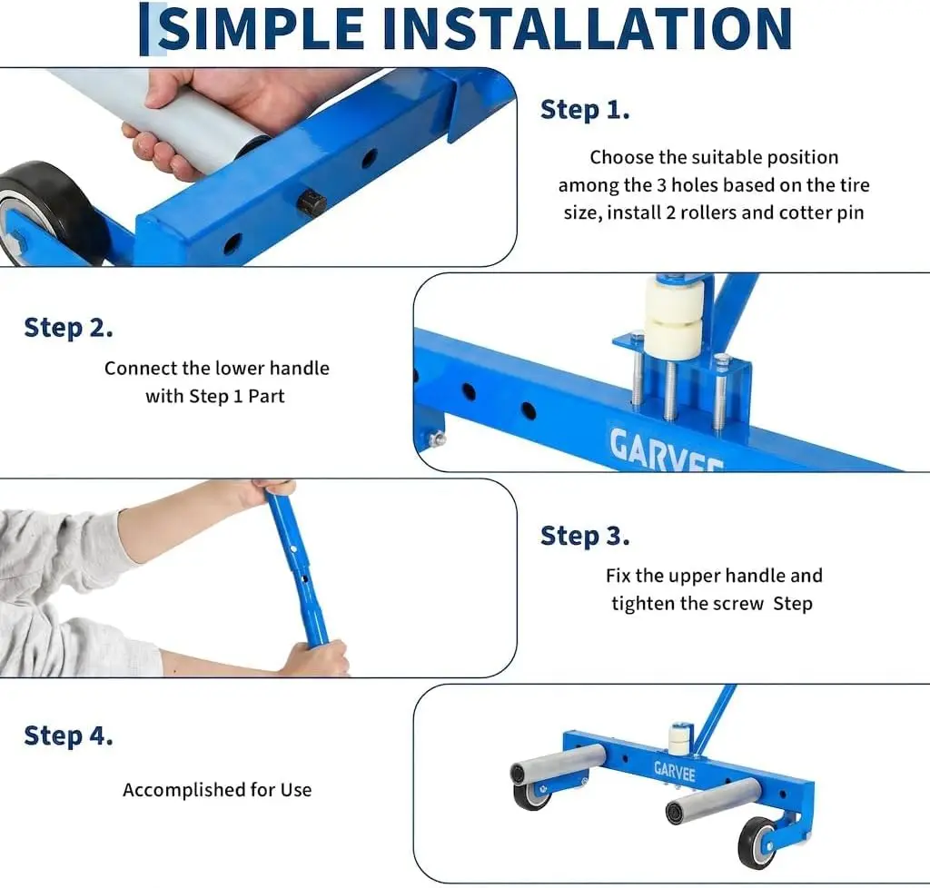 Tacleekii 330 Lb Adjustable Tire Lifter Dolly Cart  Semi Truck Wheel Handling Base 23.5–43.5 in Width Range for Tire Lifting & Moving - Blue