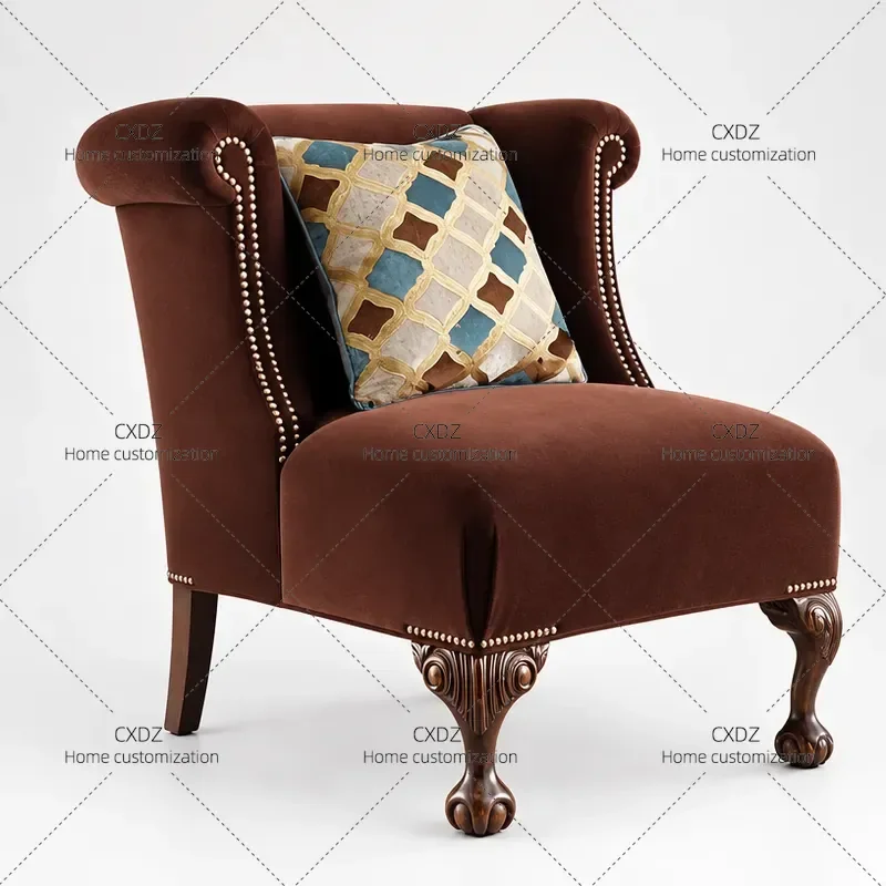 American Solid Wood Sofa Chair French Retro High Back Single Fabric Tiger Chair for Living Room Cafe