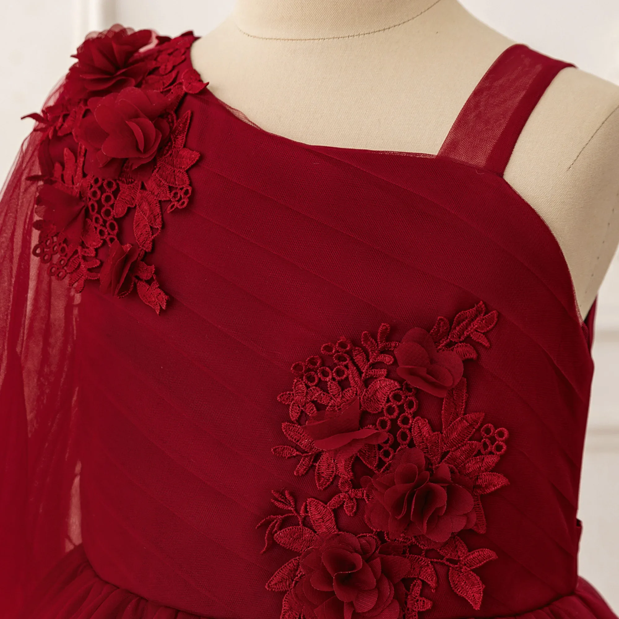 Red One - Shoulder Flower Girl Dress Tulle Skirt with Floral Embellishments Elegant Princess Gown Kids Formal Occasion Outfit