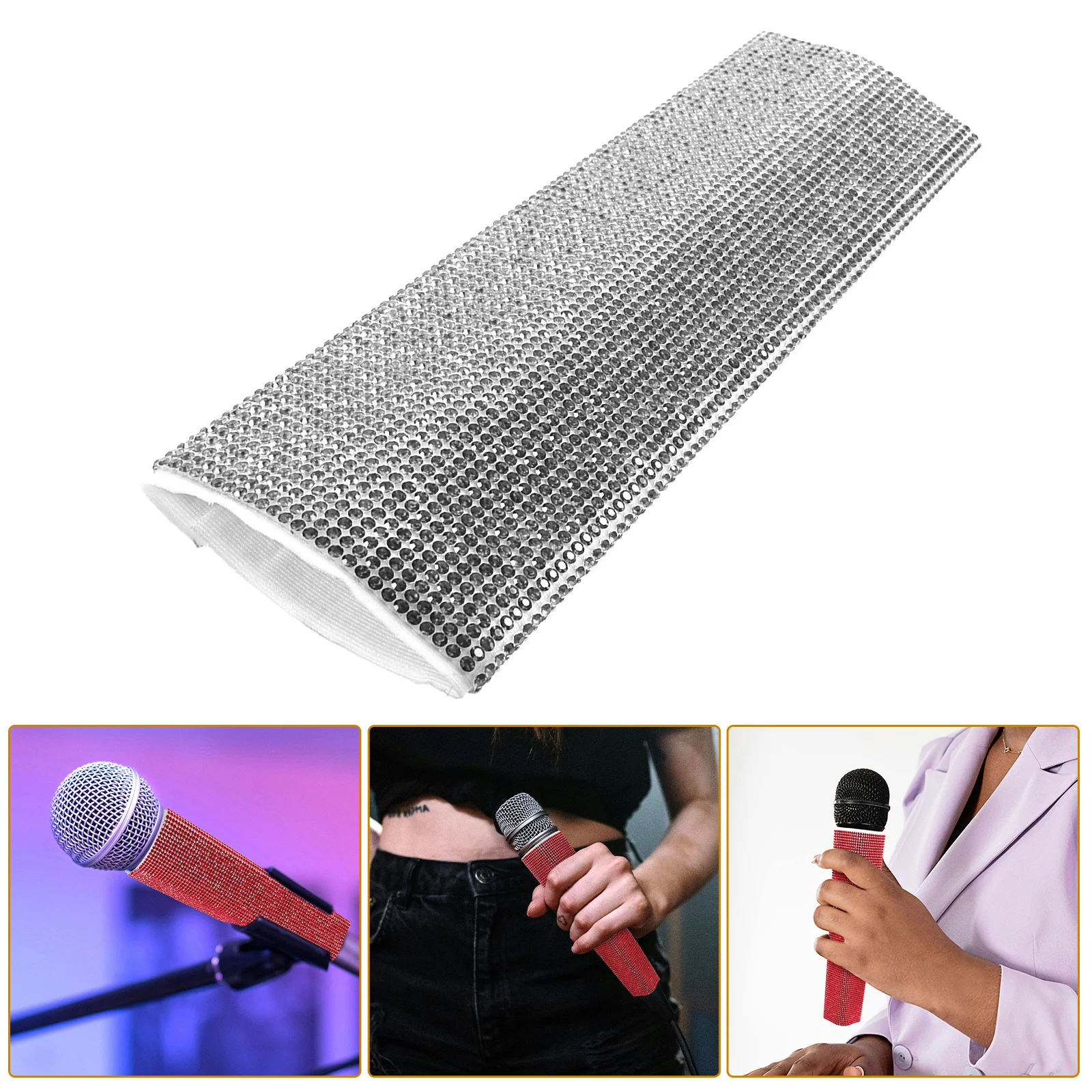 マイクハンドルスリーブ コードレスハンドヘルドマイク グリッターラインストーンカバー 交換用スパークリング装飾スリーブ 耐久性