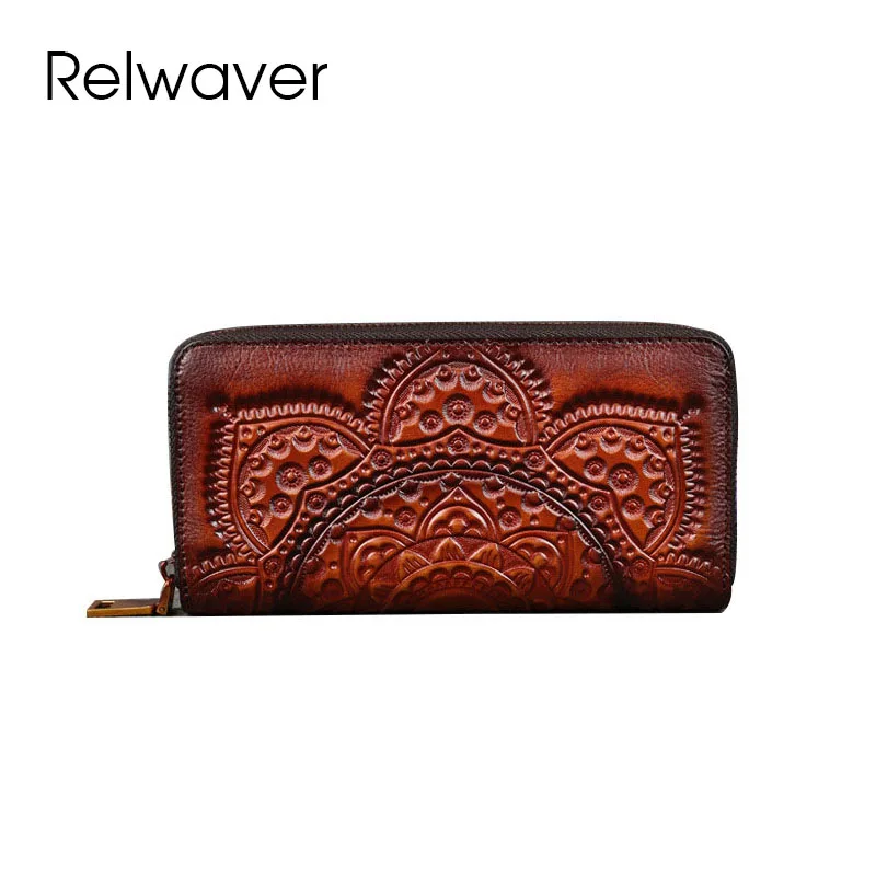 Relwaver natural cow leather wallet floral embossing genuine leather wallet women 2023 winter long wallet zipper clutch purse