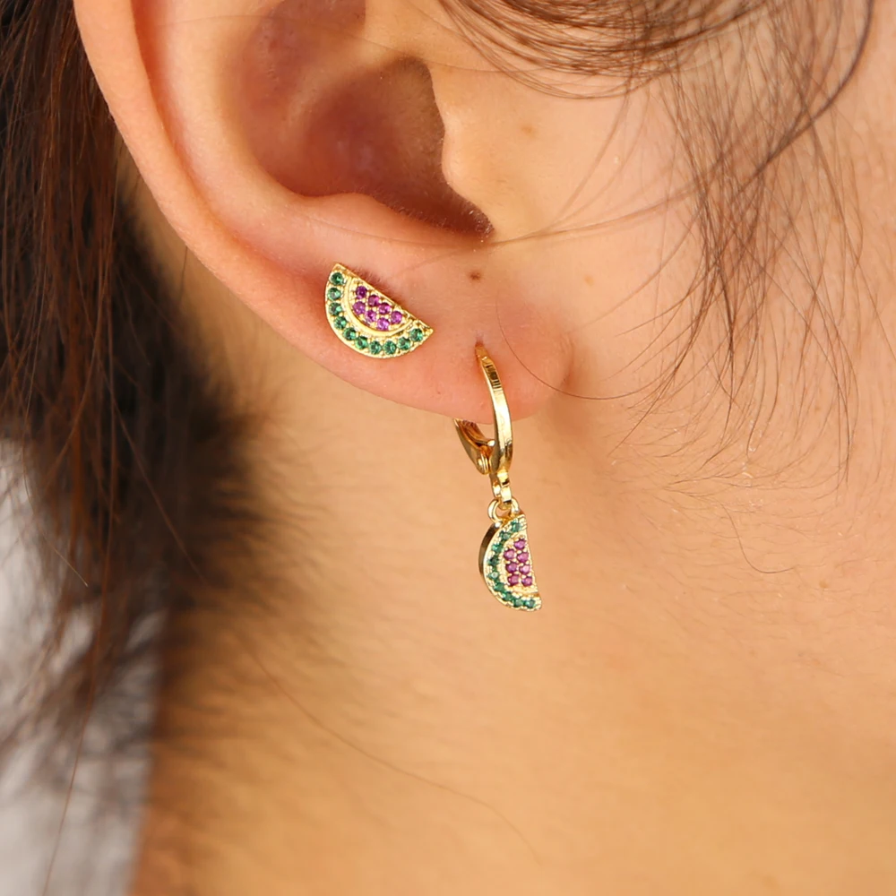 Colorful Zircon Watermelon Hanging Dangle Hoop Stud Earrings Gold Plated Iced Out Hip Hop Women Lady Festival Gift Jewelry