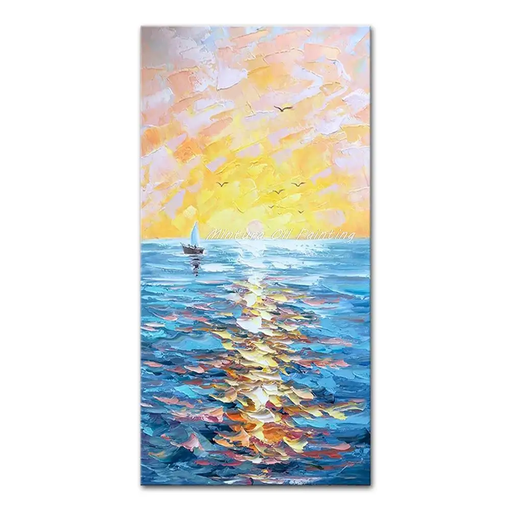 Mintura,Large Size Handmade Artwork Handpainted Oil Paintings on Canvas The Sea And Fishing Boat Modern Home Decoration Wall Art