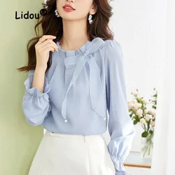 Casual Solid Color Butterfly Bow Sense of Design Blouse Women Long Sleeve O-collar All-match Pleated Chiffon Pullover Shirt 2023