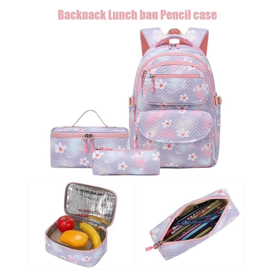 New Girls School Backpack Flower Printed Sweet Schoolbag Lunch Bag Pencil Case Bookbag 3pcs Backpack Sets