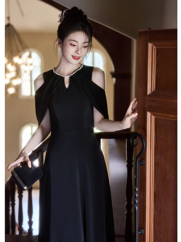 

Ele Bla Satin Evening Dr Women's 2025 New High-End Feel Host Dr Luxury mat A-Line Skirt for Par Performance