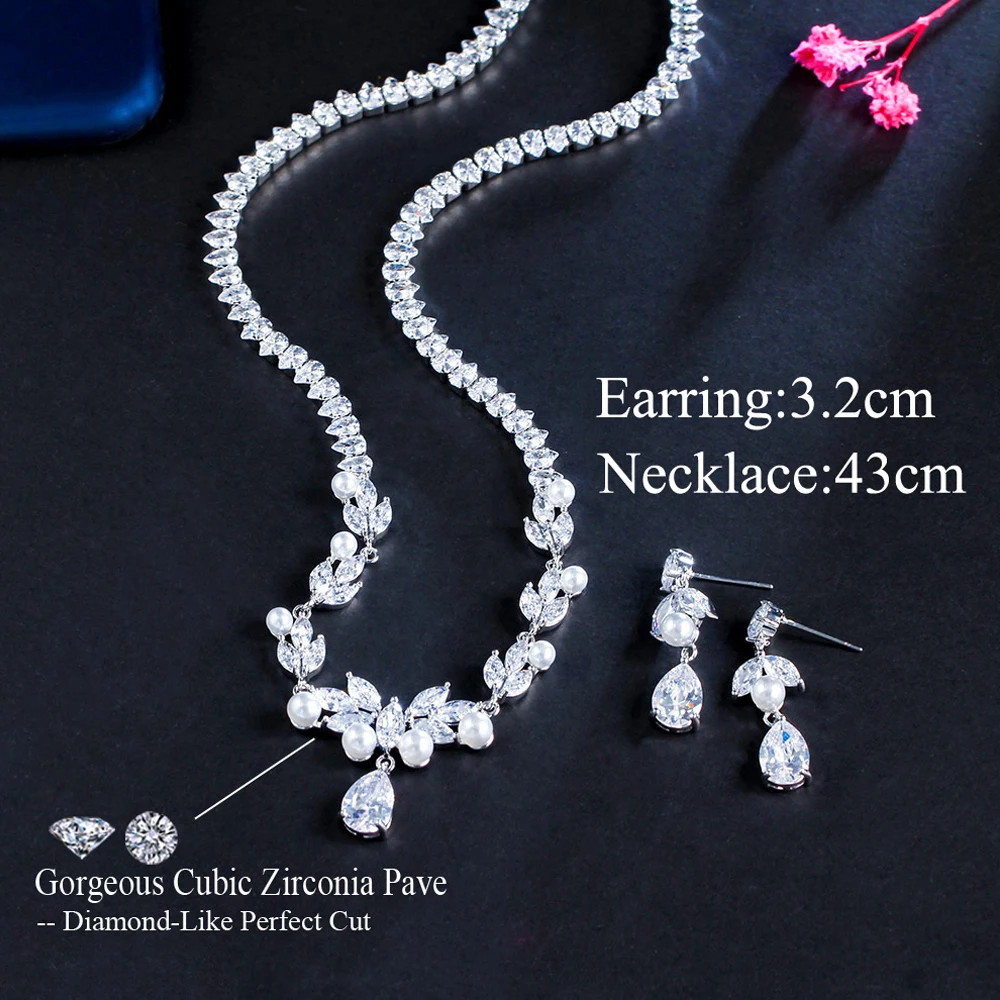 BeaQueen Delicate Shiny Fancy Leaf Cubic Zirconia Pearl Necklace and Earrings Sets for Women Weding Decor Jewellery Gifts JS336