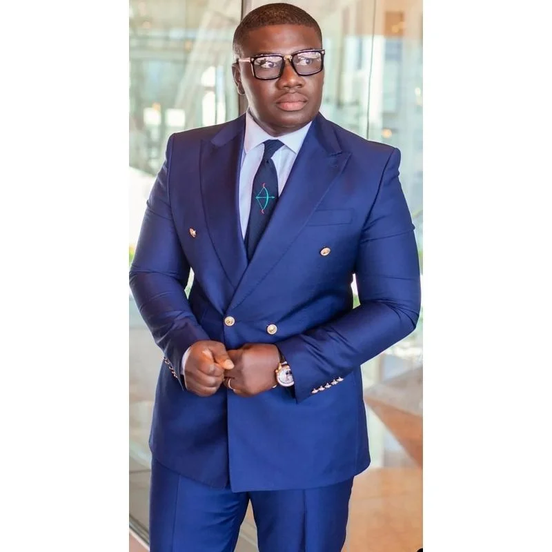 

Blue Men Suits Double Breasted Peaked Lapel Formal Wedding Groom Prom Male Outfits Custom Male Clothing 2 Pieces Jacket Pants