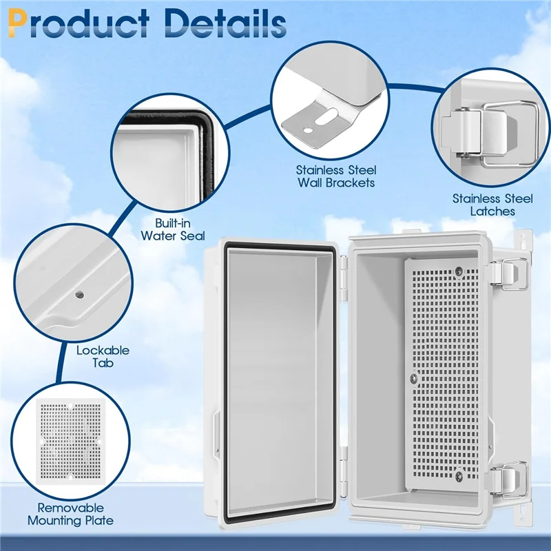 AC23-Waterproof Outdoor Project ABS Junction Box Dustproof Enclosure Light Grey With Hinged Cover, Mounting Plate