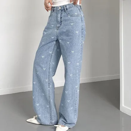 

Джинсовые джинсы женские брюки с акцентом и карманом на молнии, свободные брюки-клеш с высокой талией, длинные брюки-клеш, легкая эластичная повседневная весна 2023 г.