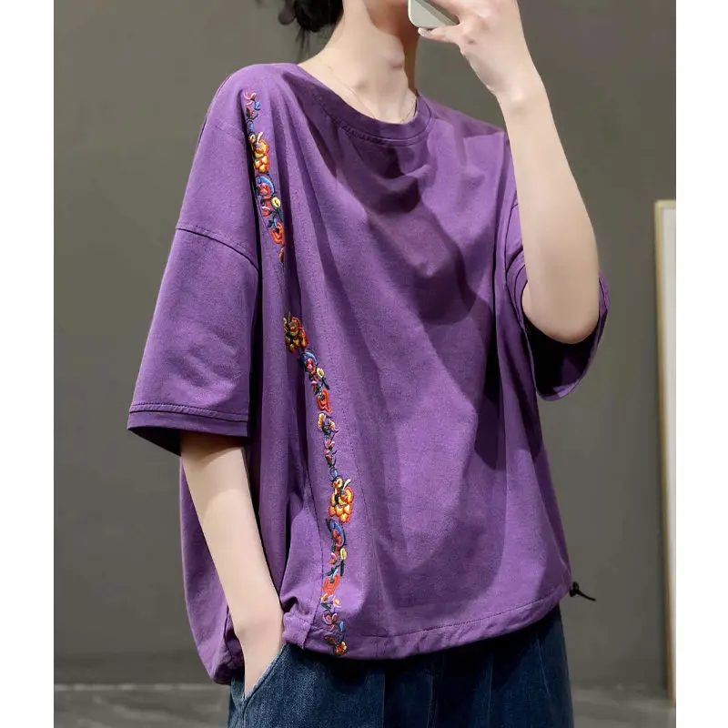 

Fashion O-Neck Spliced Shirring Embroidery Short Sleeve Blouse Women's Clothing 2023 Summer New Casual Pullovers Commuter Shirt