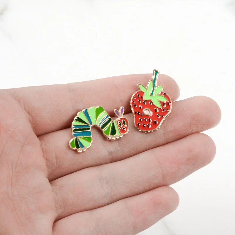 Hungry Caterpillars Story Book Strawberry Catroon Enamel Pins Fruit Brooches Metal Lapel Badge Jewelry Gifts For Friends Kids