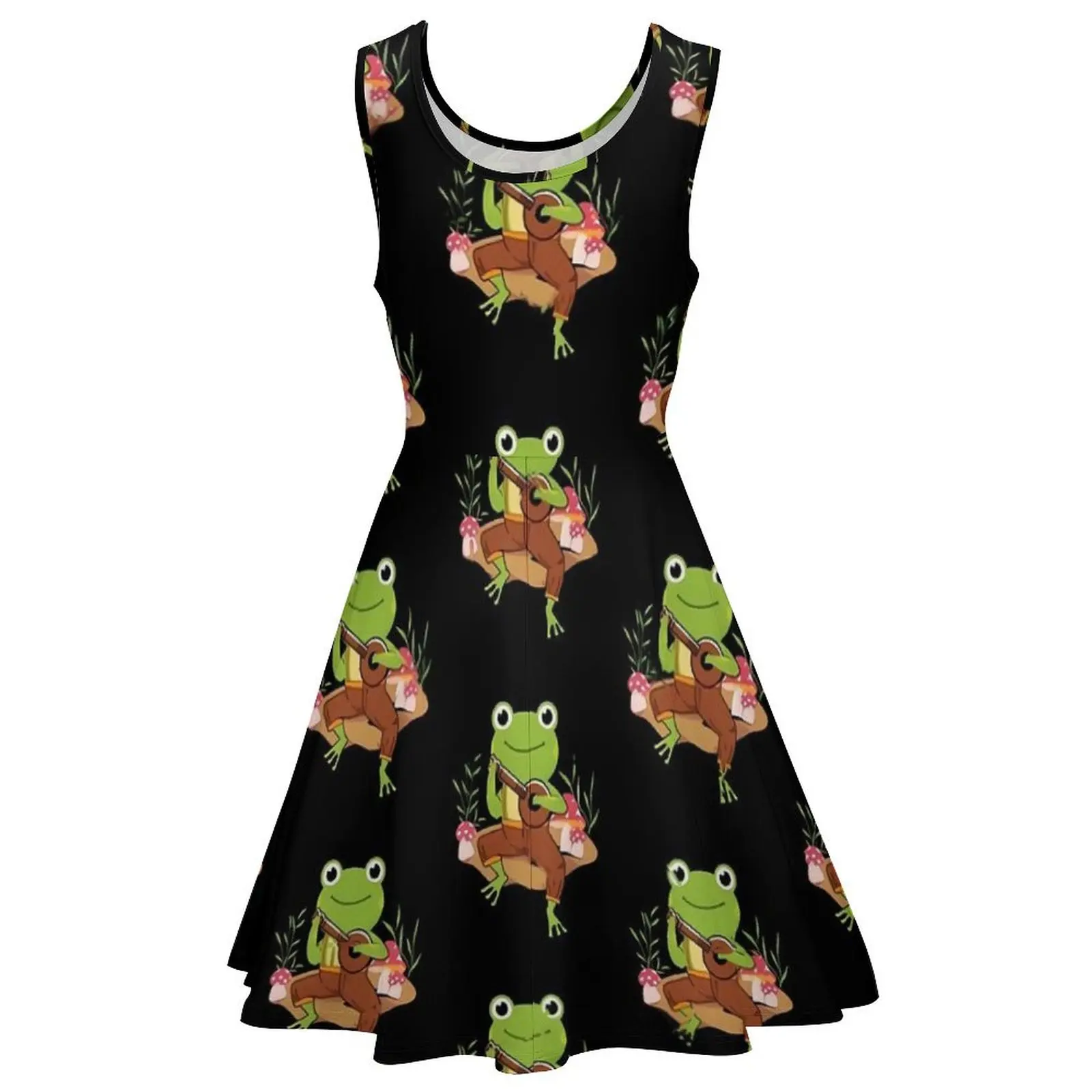 Kawaii Frog Playing Banjo Dress Fun Animal Casual Dresses Womens Beach Skate Dress Summer Graphic Clothing Big Size 3XL 4XL