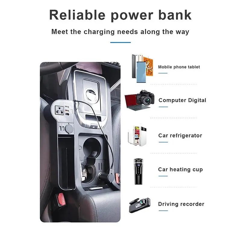 A03Z-Car Seat Storage Box Space Filler Organizer 12V To 220V Console Side 4-USB QC3.0 Fast Charging For Smartphones