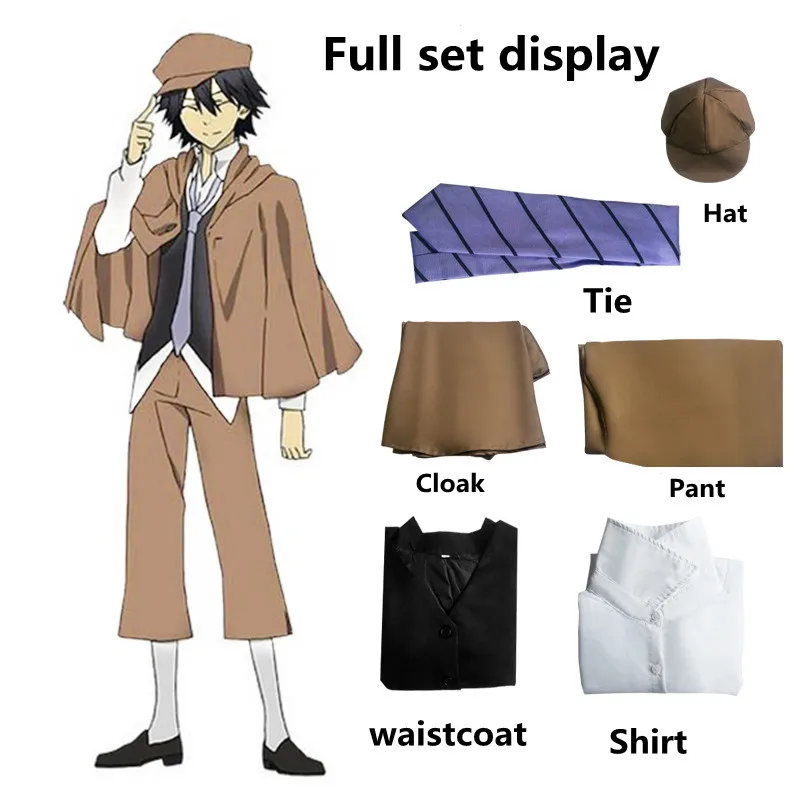 

Anime Cosplay Japanese 6Pcs Detective Costume Full Set Wild Dog Stray Dogs Edogawa Ranpo Cos Shirt Pant Long Sleeve Hat Clothes