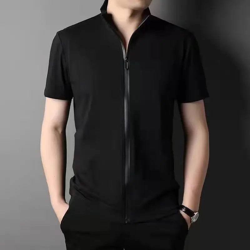 New Summer Men's Short-sleeve Jacket Cardigan Stand Collar Half-sleeved T-shirt Korean Trendy Middle-aged Young Solid-color Tops