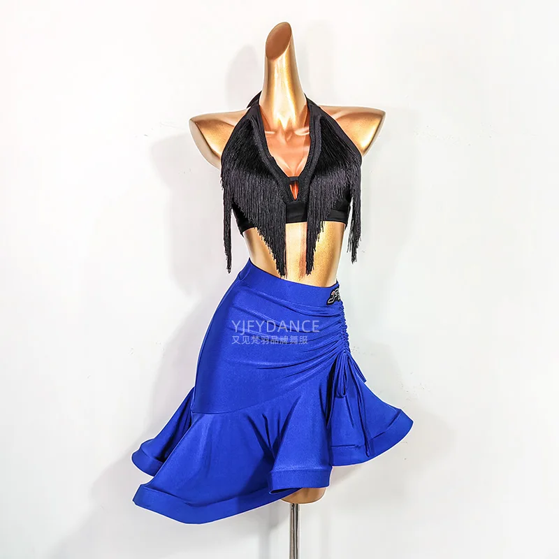 2024 New Latin Dance Performance Costumes For Women Black Tassels Tops Colorful Fishbone Skirts Adult Latin Dance Dress DN15953