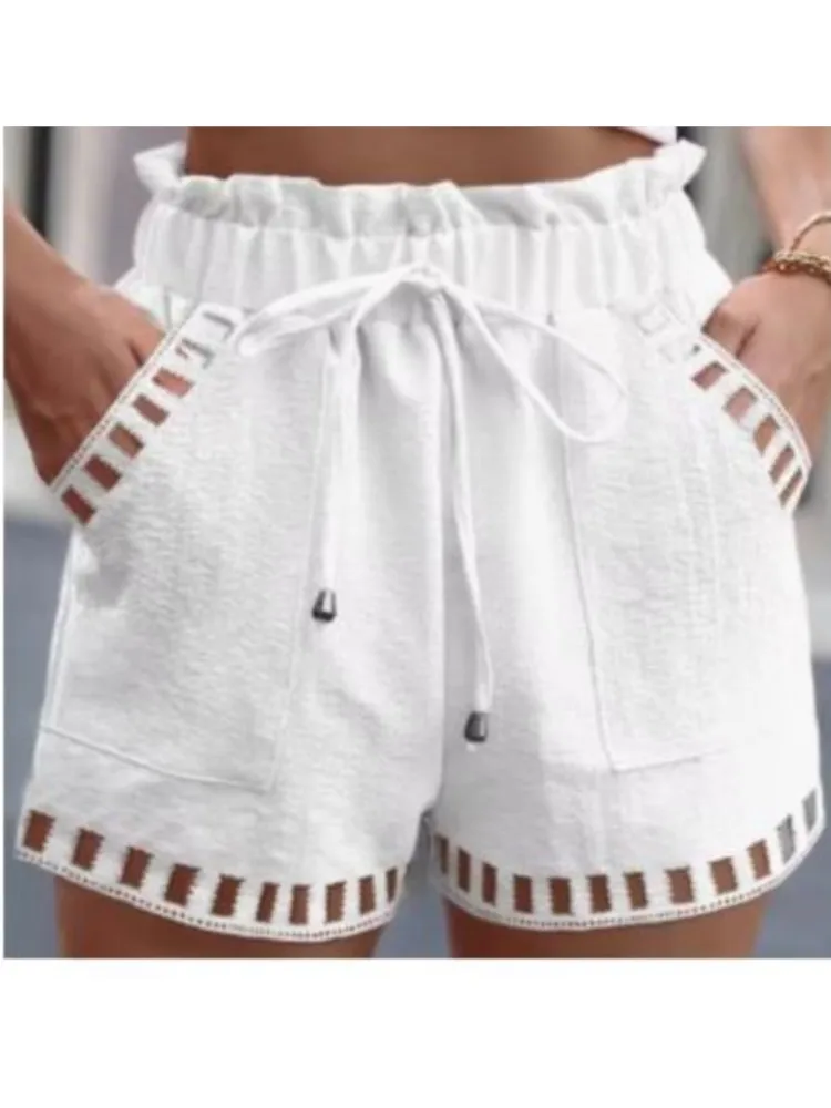 

Cotton Linen Women's Solid Color Shorts Thin Hollow Out Design Trim Pocket Tight Waist Shorts Beachwear Casual Female Clothes