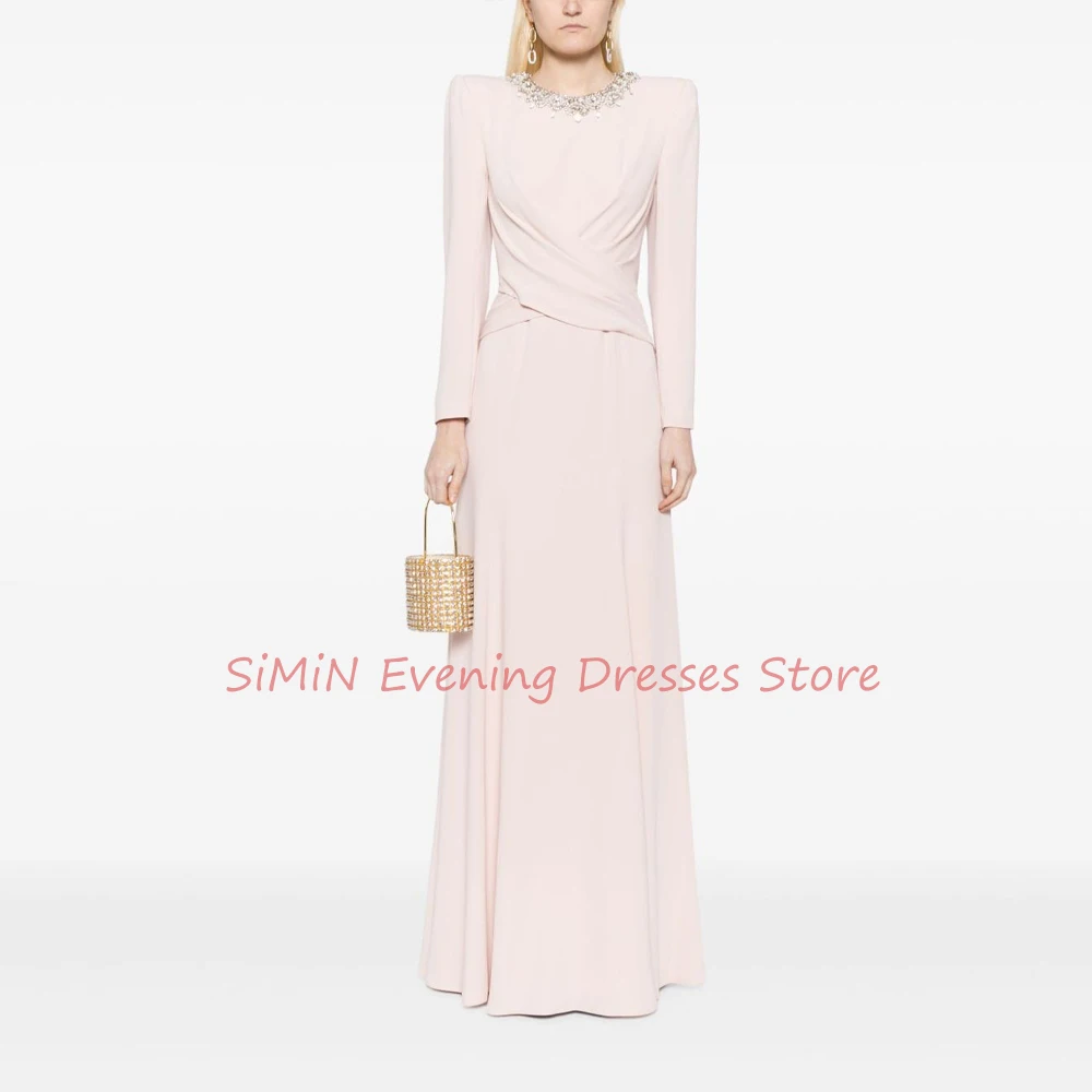 Simin Saudi O-Neck Grace Beaded Ruffle Crepe Mermaid Simple Long-sleeves Tea-Length Arab Evening Party dresses for women 2024