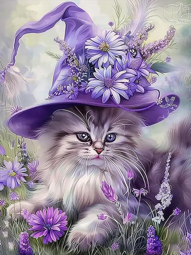 Lila Hexenhut-Kätzchen 5D Diamantmalerei, Kreuzstich, Mosaik-Set - Florale Flauschige Katze Fantasy-Kunst DIY Wanddekoration