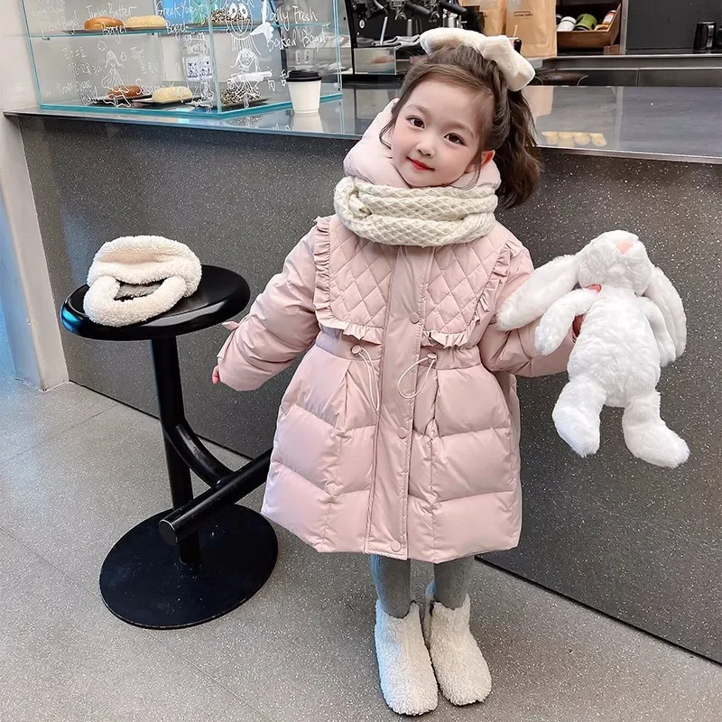 Winter Warm Girls Sweet Pink Waist-Slimming Hooded Zipper Puffer Jackets School Kids Coat Top Children Outfit Windbreaker 2-12Yr