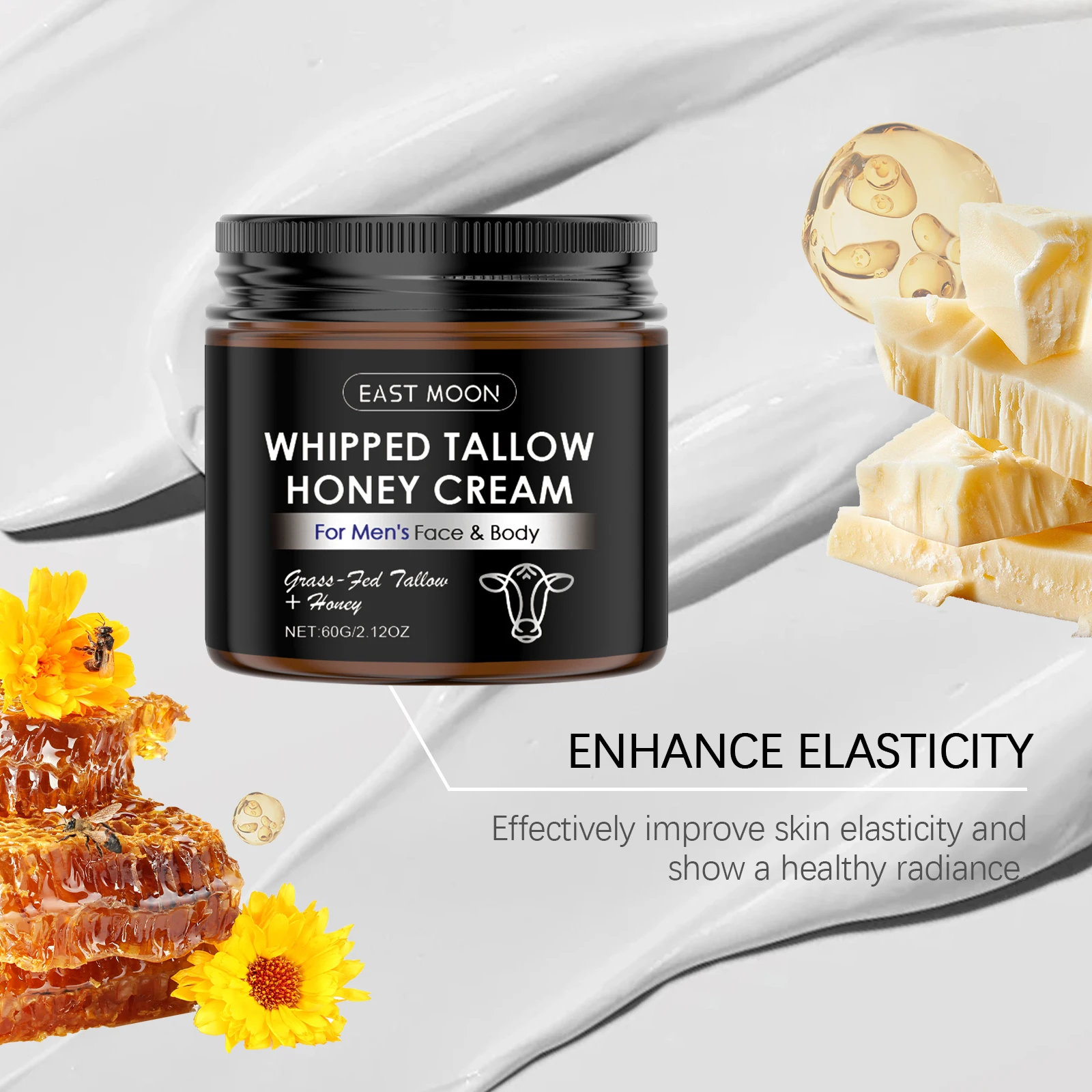 Men's Beef Tallow Honey Cream Deep Nourishing Moisturizer for Dry Skin Improves Elasticity and Radiance Barrier Repair Face Balm