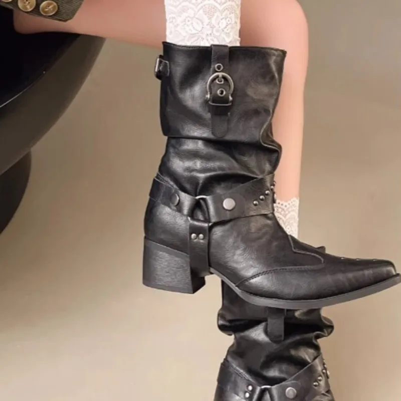 

Pleated Western Mid-leg Boots Women's New Spring and Autumn Rivet Pointed Toe Block Heel Leather Shoes