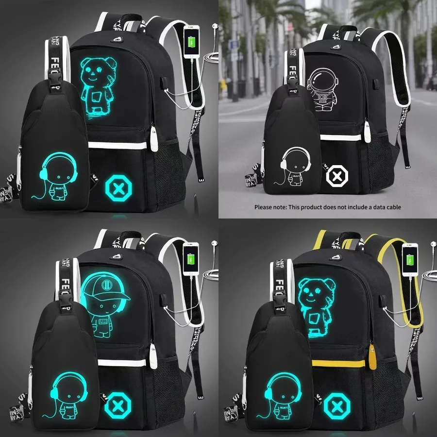 

【New style】- primary and secondary school students Oxford cloth backpack male students luminous reflective schoolbag headphone