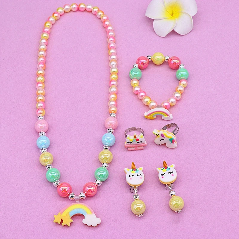 2/6Pcs Children\'s Bead Necklace Set Unicorn Rainbow Pendant Necklace Bracelet Ear Clip Girl Jewelry Accessories Children\'s Gifts