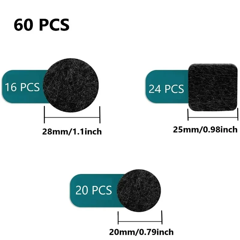 60Pcs Black Self-Adhesive Felt Furniture Pads 3mm Thick Anti Vibration Anti Scratch Floor Protectors for Chair Table Home Use