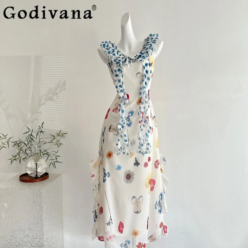 

Summer Print Dress for Women Vacation Elegant Chiffon Floral Ruffled Dress Female Flowing Sweet Suspender Midi Long Dress