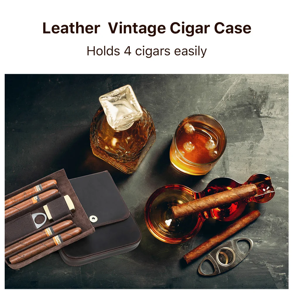 Luxe Humidor 4 Slots Sigarenkistje Draagbare Reizen Koeienhuid Lederen Case voor Rommel Aansteker Roken Accessoires Fisheye Gesp