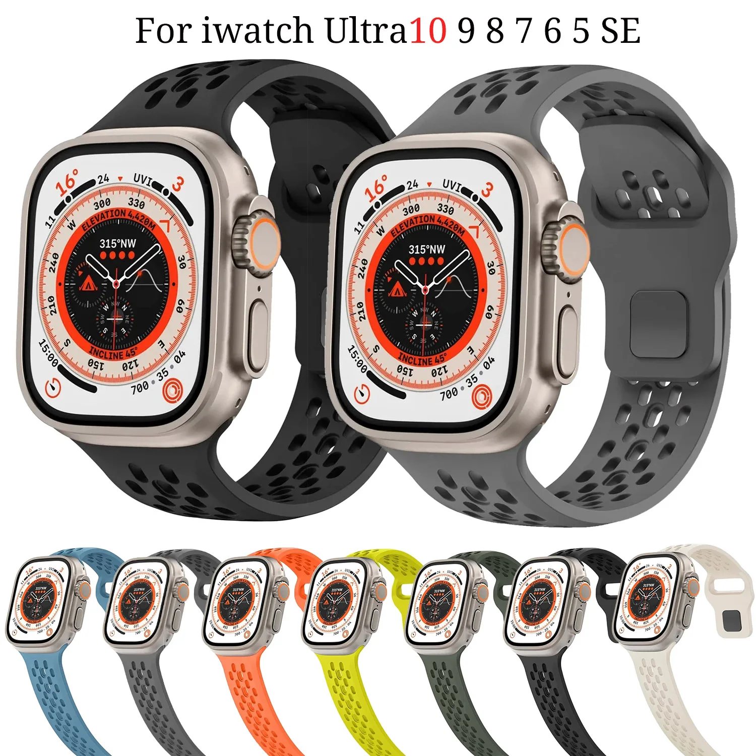 Atmungsaktives Silikonarmband für Apple Watch Band 44 mm 42 mm 49 mm 40 mm 45 mm 41 mm 46 mm Sportarmband iWatch Ultra 10 9 8 7 SE 6 Gürtel