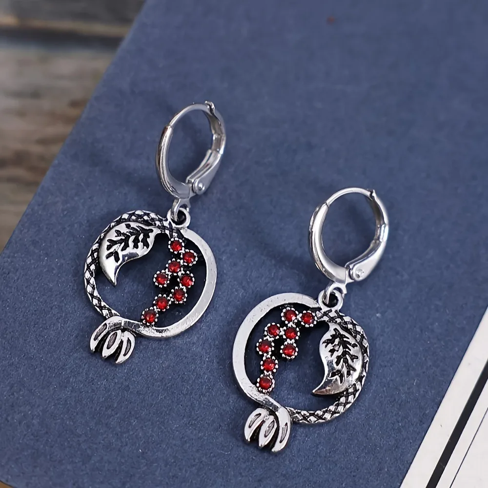 Retro Creative Inlaid Red Rhinestones Hollowed-out Pomegranate-shaped Pendant Hoop Earrings for Women Ethnic Trendy Jewelry Gift